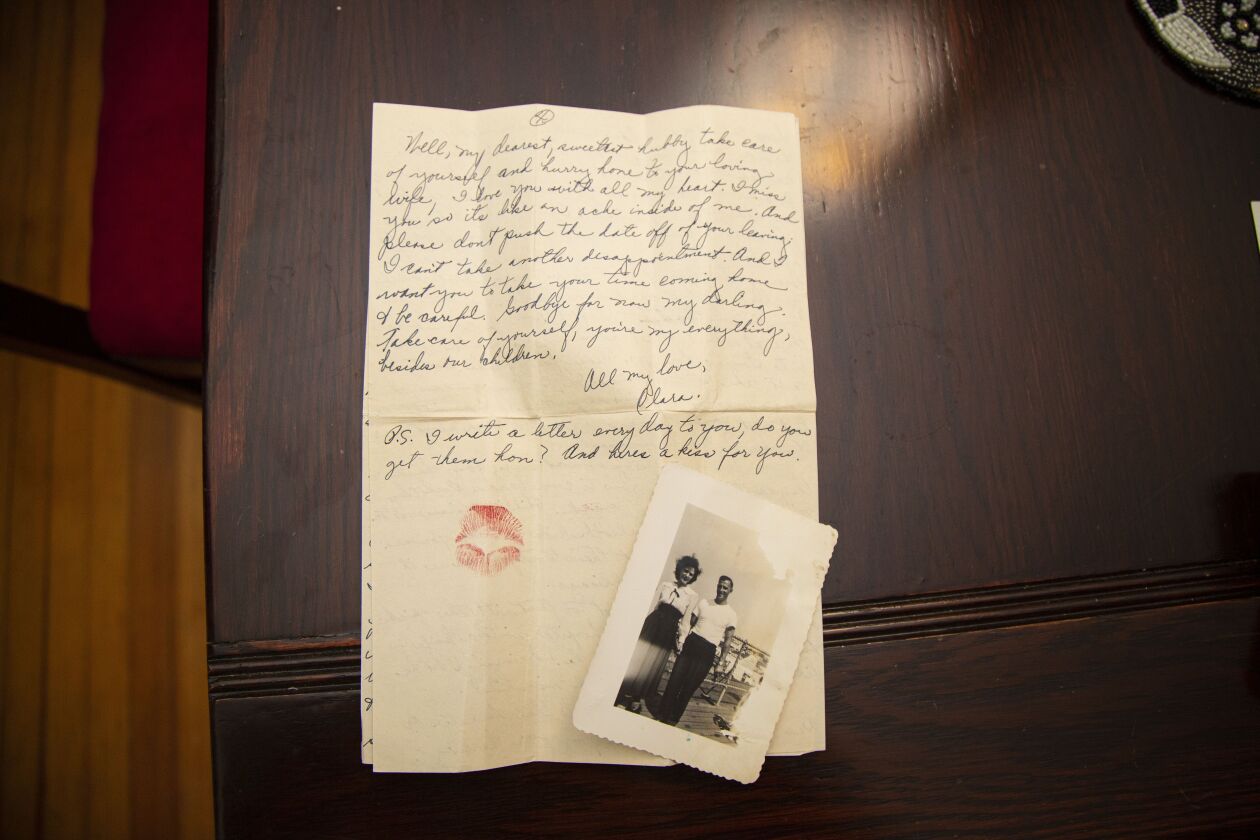 Clara Fragassi sealed each of her letters to her husband Fred with a kiss. Her bright red lipstick is still vibrant on the pages 75 years later.